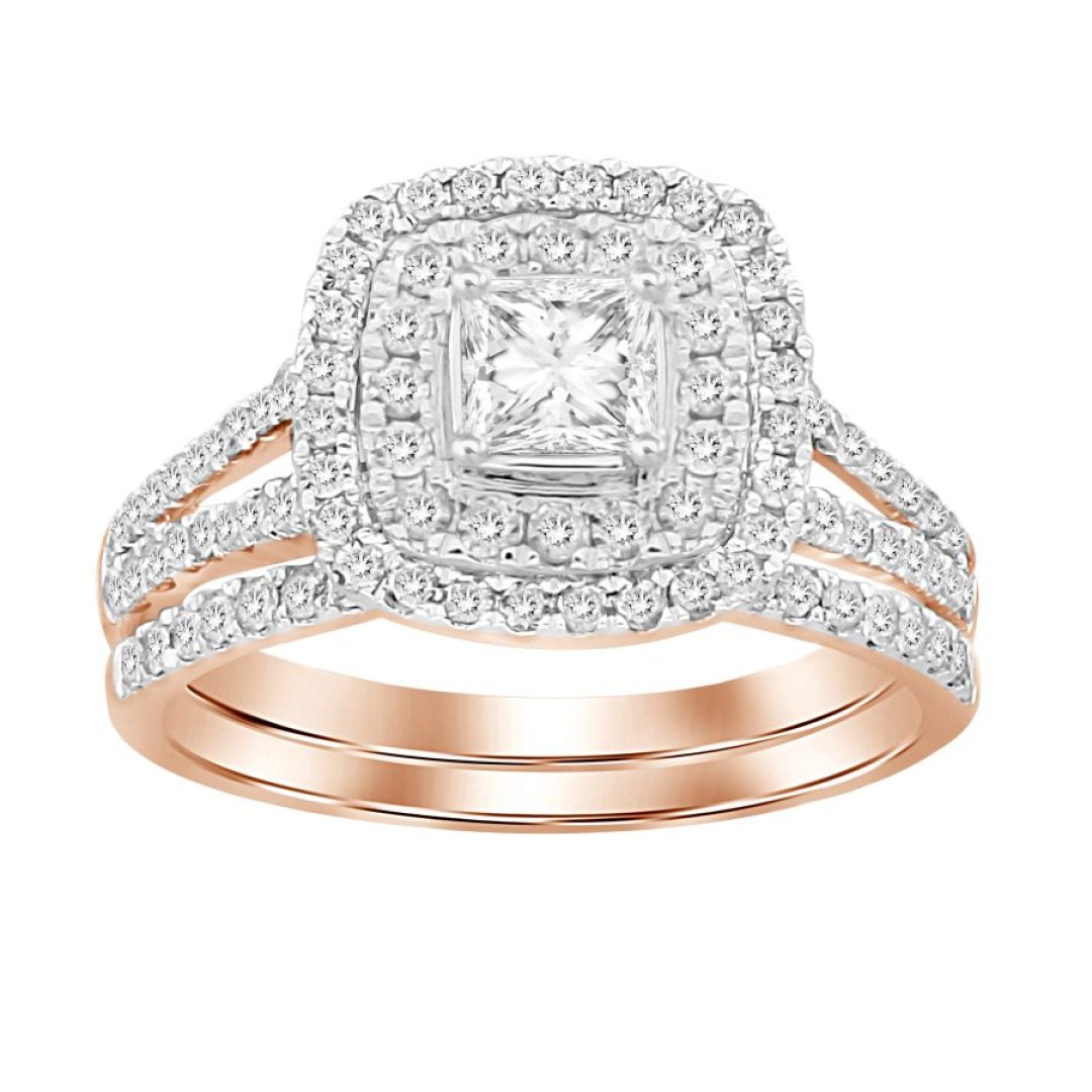 BRIDAL RING SET 1.00CT ROUND/PRINCESS DIAMOND 14K ROSE GOLD