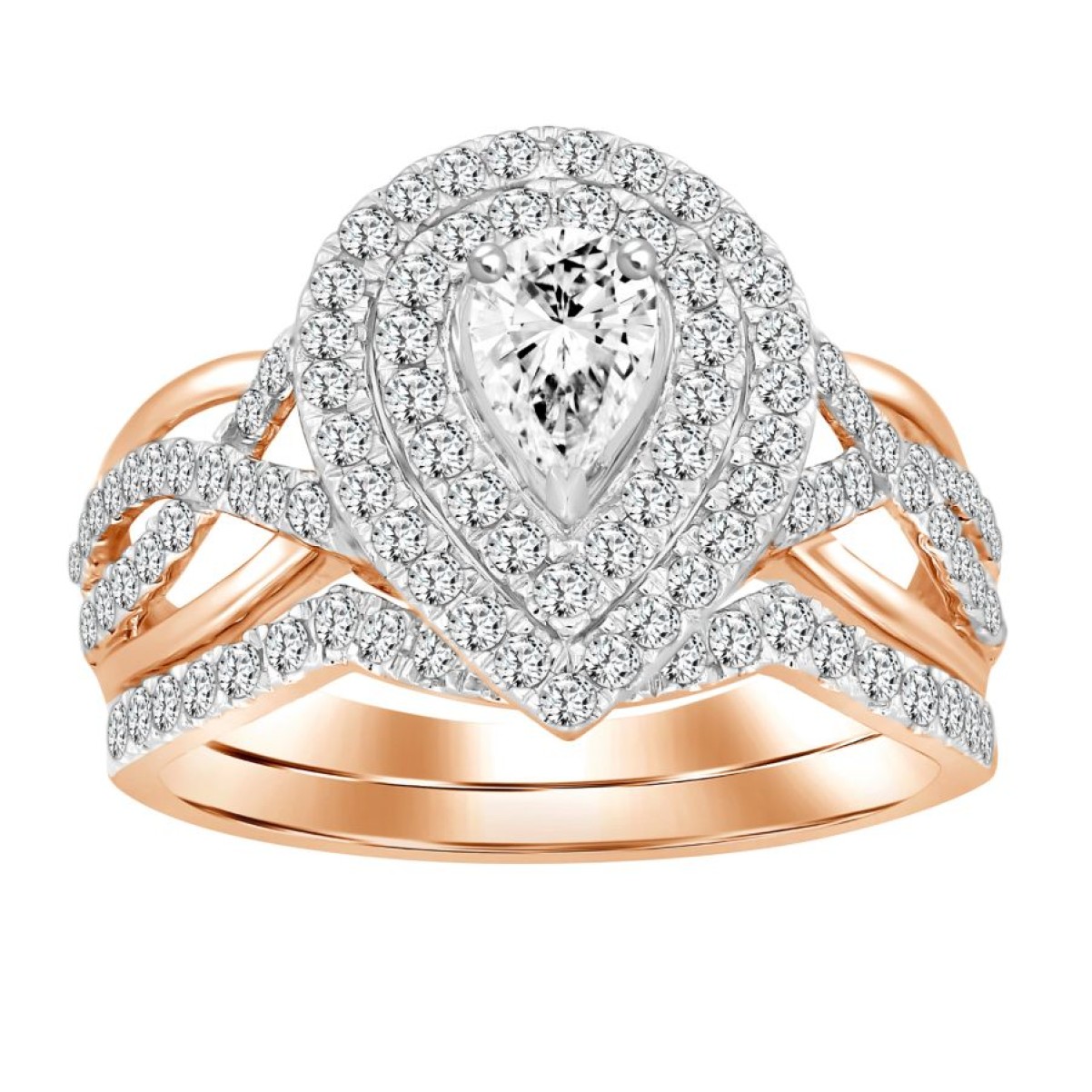 BRIDAL RING SET 1.00CT ROUND/PEAR DIAMOND 14K ROSE GOLD