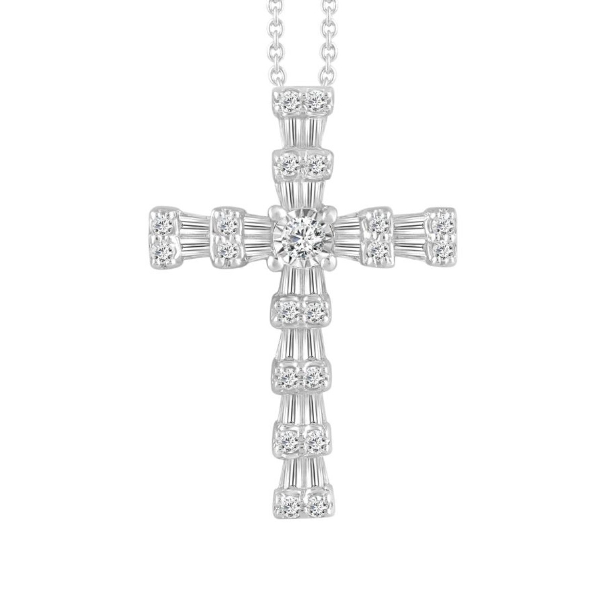 LADIES CROSS PENDANT WITH CHAIN 0.25CT ROUND/BAGUETTE DIAMOND 10K WHITE GOLD