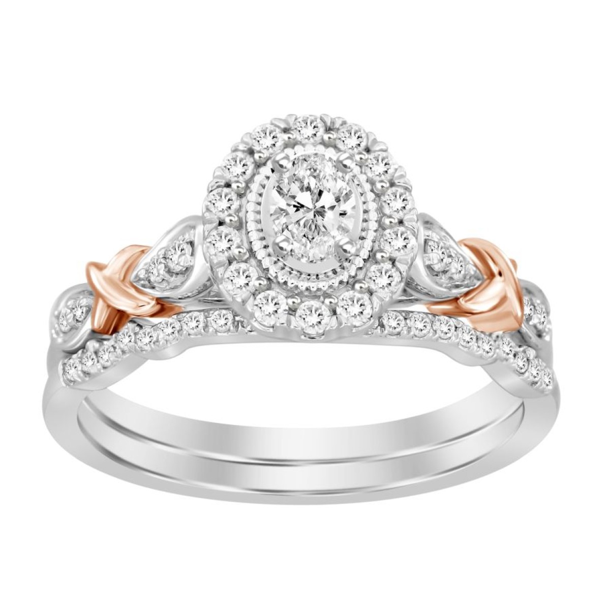 BRIDAL RING SET 0.50CT ROUND/OVAL DIAMOND 14K WHITE & ROSE GOLD