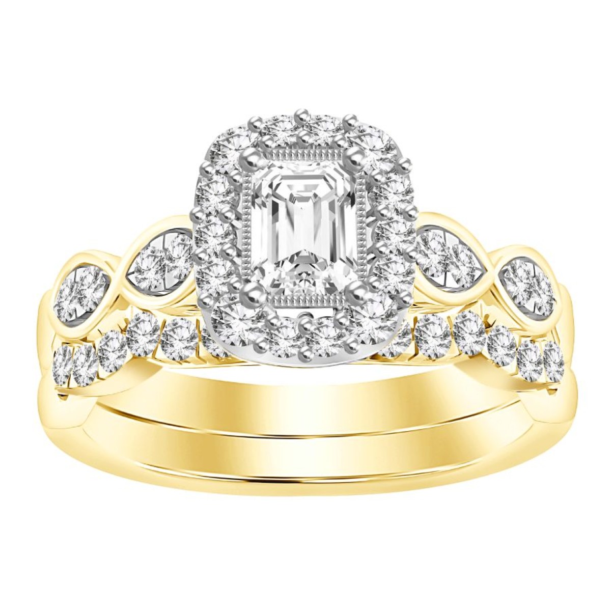 BRIDAL RING SET 1.00CT ROUND/EMERALD DIAMOND 14K YELLOW GOLD