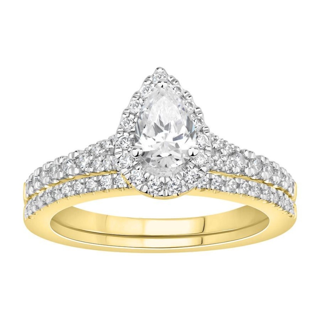 LADIES BRIDAL RING SET 1 CT ROUND/PEAR DIAMOND 14K YELLOW GOLD(CENTER STONE 1/2) (SI QUALITY)
