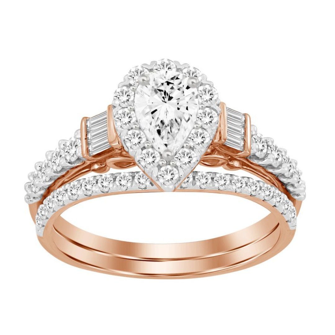 LADIES BRIDAL RING SET 1 CT ROUND/PEAR/BAGUETTE DIAMOND 14K ROSE GOLD