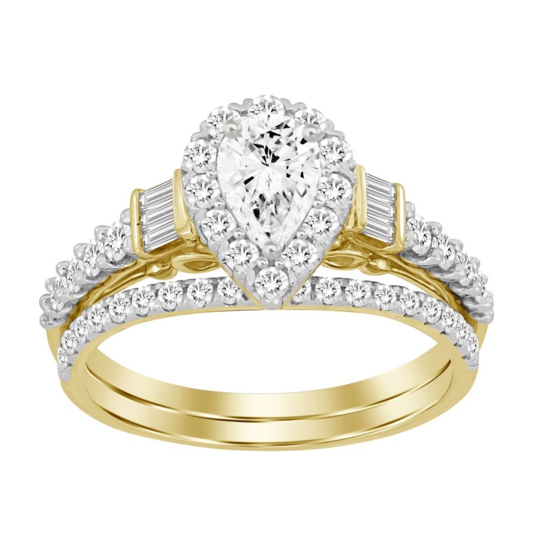 BRIDAL RING SET 1.00CT ROUND/BAGUETTE/PEAR DIAMOND 14K YELLOW GOLD