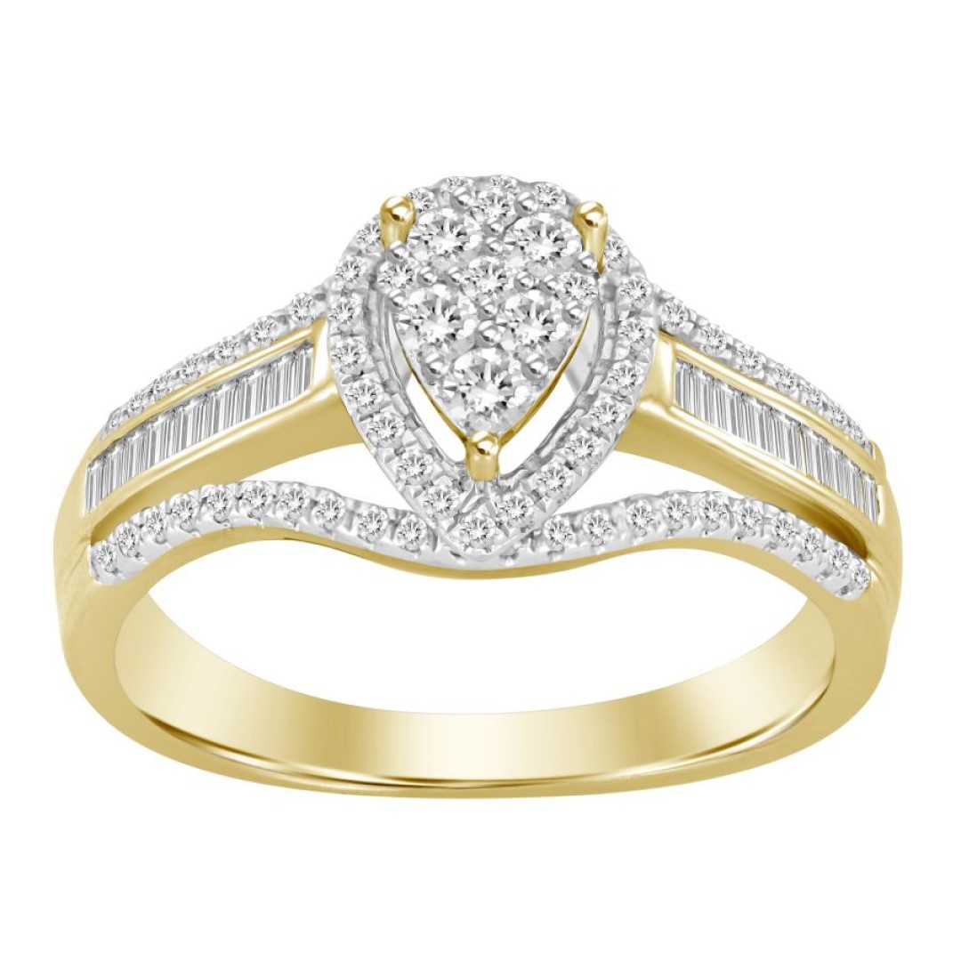 LADIES RING 1/2 CT ROUND/BAGUETTE DIAMOND 10K YELLOW GOLD
