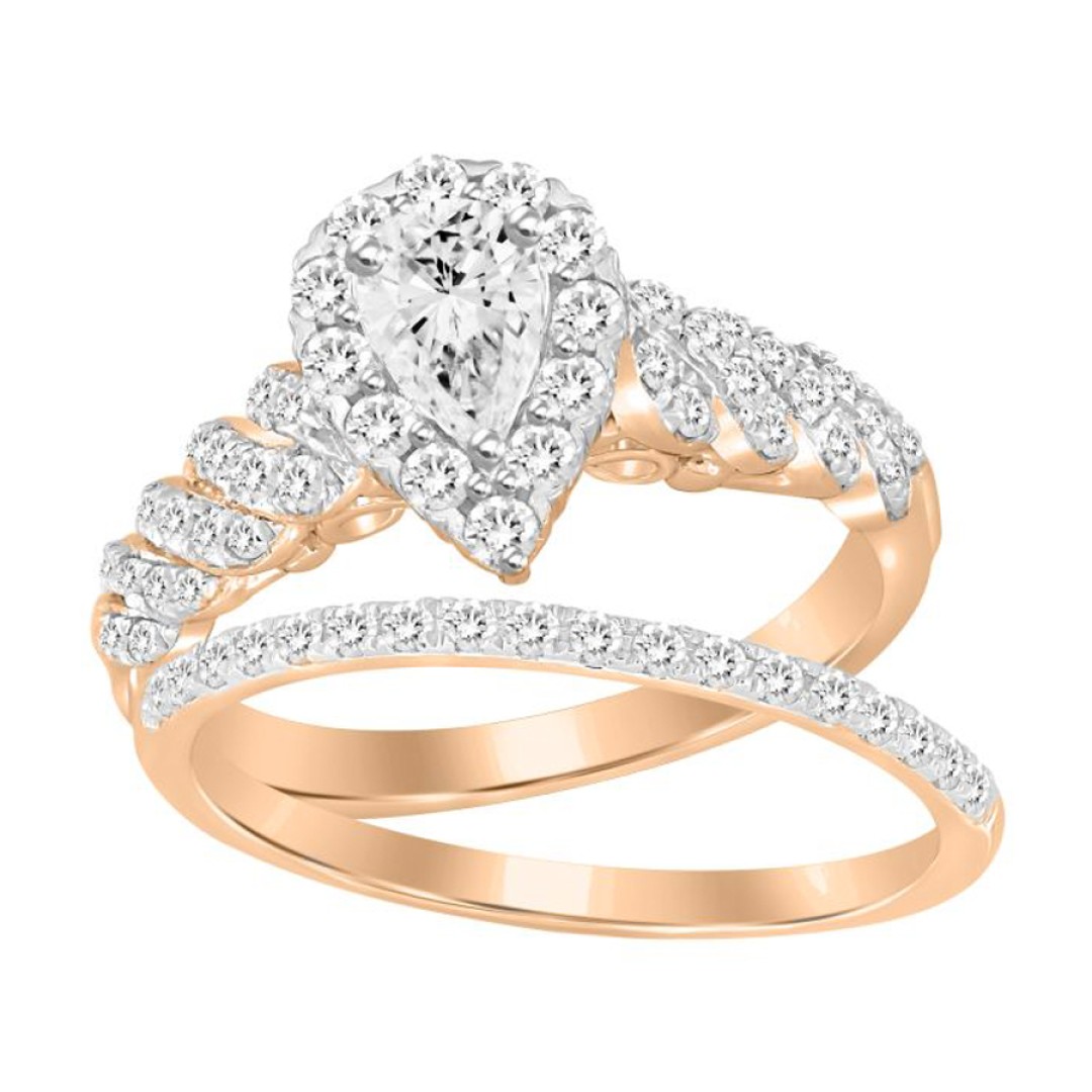 BRIDAL RING SET 1.00CT ROUND/PEAR DIAMOND 14K ROSE GOLD