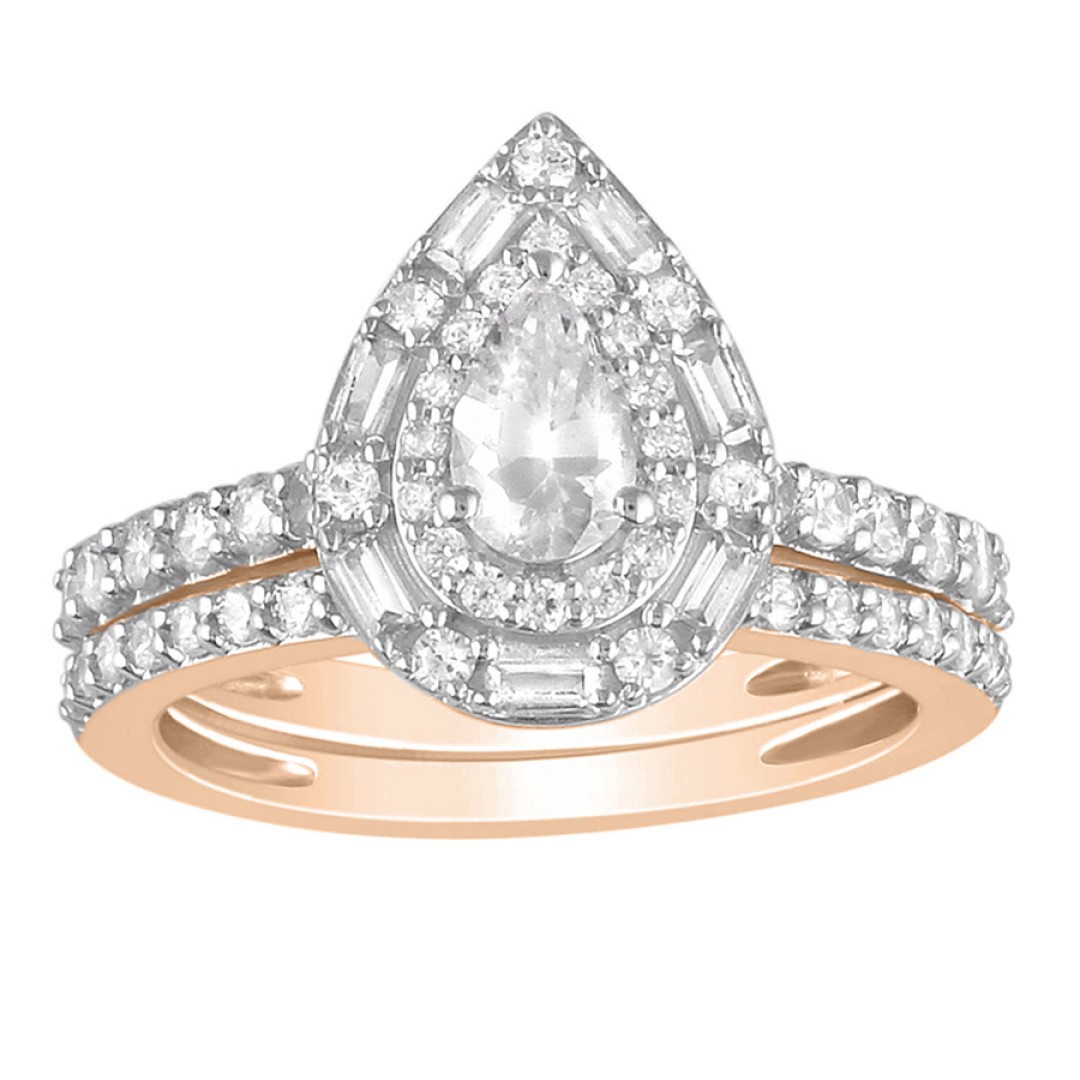 BRIDAL RING SET 1.25CT ROUND/BAGUETTE/PEAR DIAMOND 14K ROSE GOLD