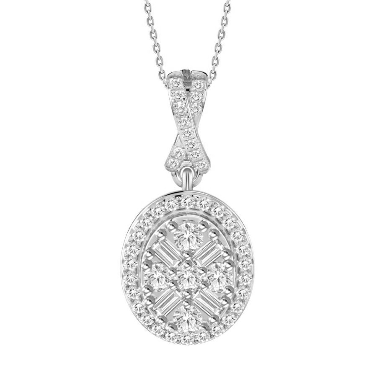 LADIES PENDANT WITH CHAIN 0.20CT ROUND/BAGUETTE DIAMOND 10K WHITE GOLD