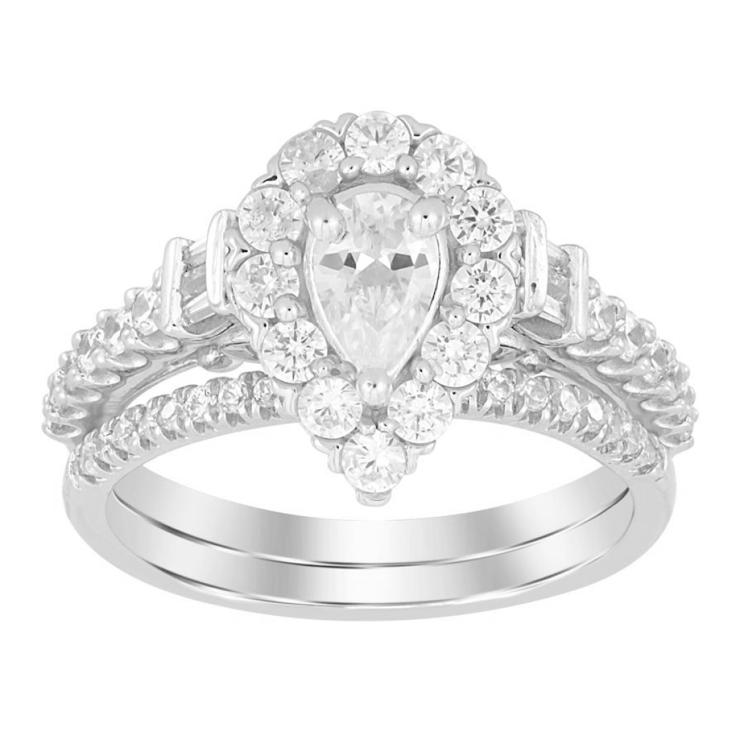 BRIDAL RING SET 1.50CT ROUND/BAGUETTE/PEAR DIAMOND 14K WHITE GOLD
