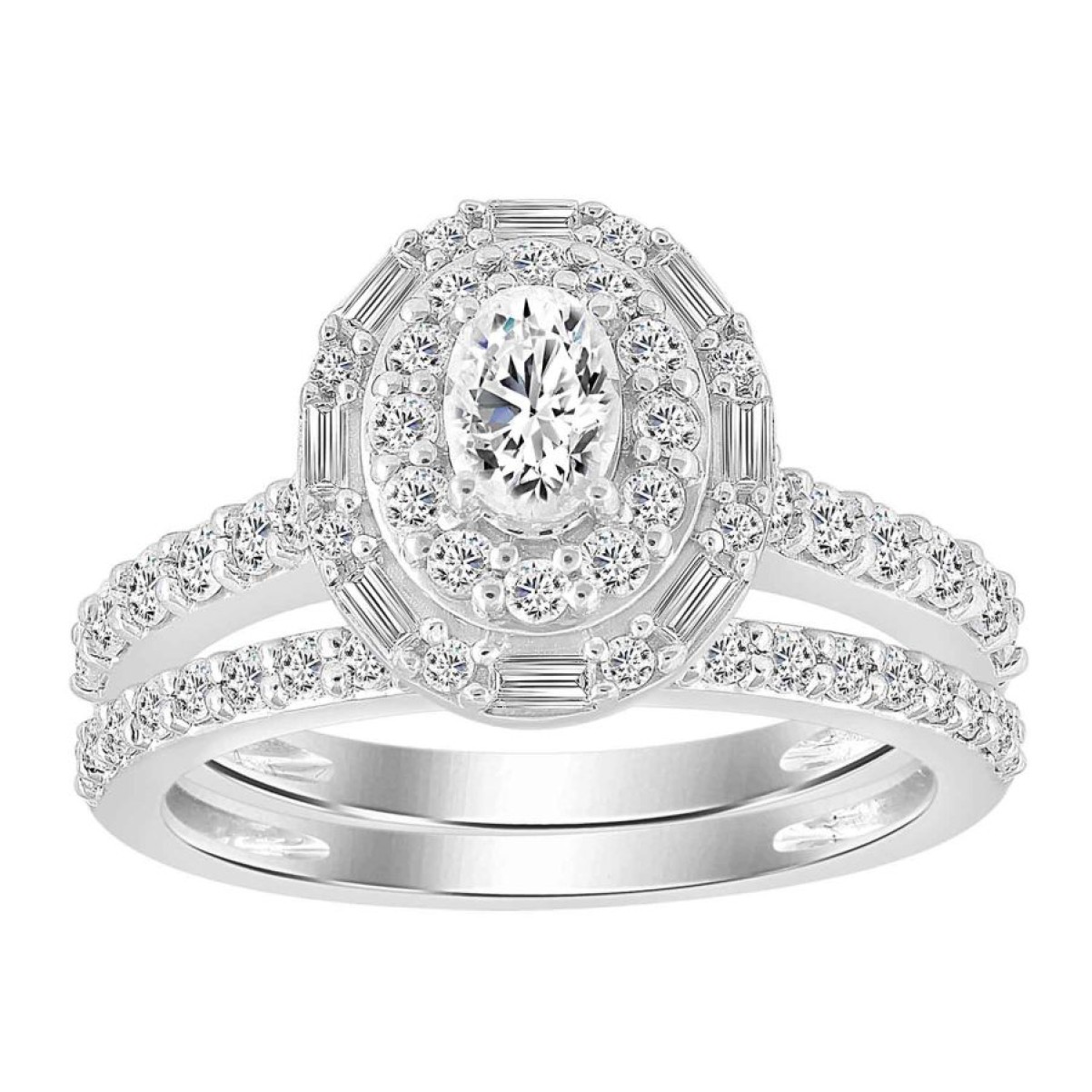 BRIDAL RING SET 1.25CT ROUND/BAGUETTE DIAMOND 14K WHITE GOLD