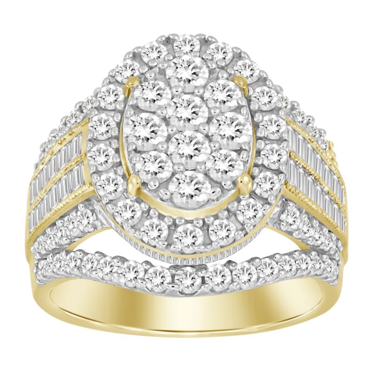 LADIES FASHION RING 2.00CT ROUND/BAGUETTE DIAMOND 10K YELLOW GOLD