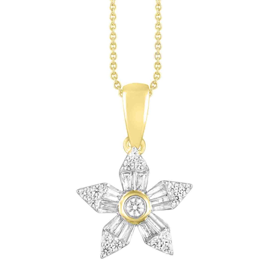LADIES PENDANT WITH CHAIN 0.25CT ROUND/BAGUETTE DIAMOND 10K YELLOW GOLD