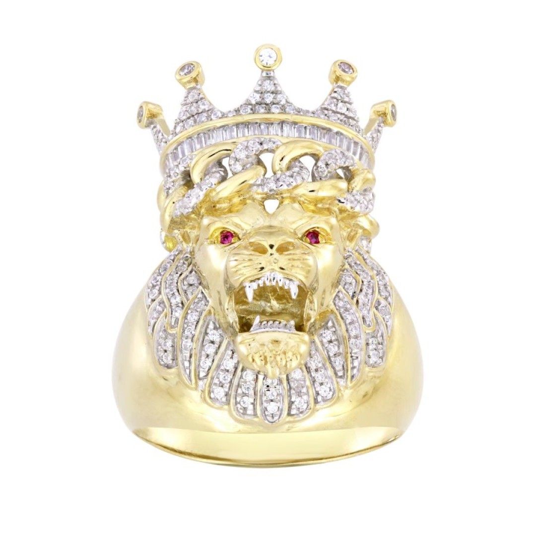MEN'S RING 4 CT ROUND/BAGUETTE/RUBY  DIAMOND 10K YELLOW GOLD

