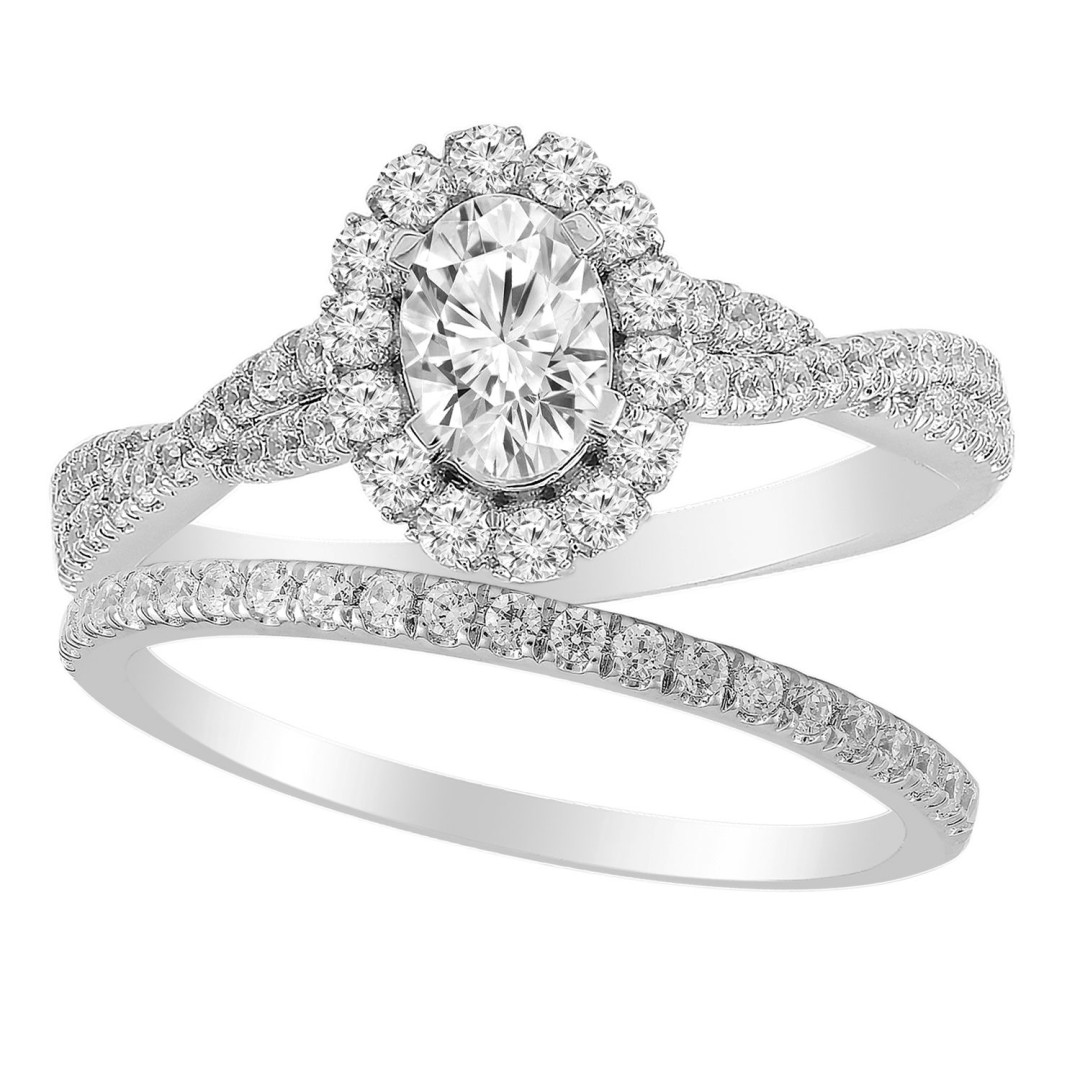 BRIDAL RING SET 1.10CT ROUND/OVAL DIAMOND 14K WHITE GOLD