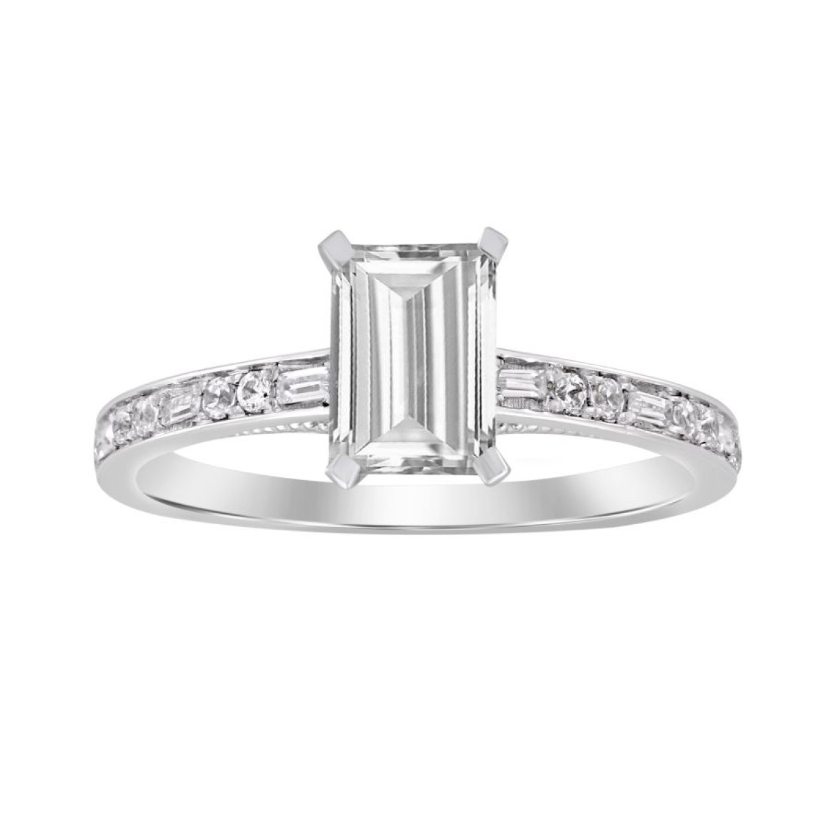 LADIES RING 0.15CT ROUND/BAGUETTE/EMERALD DIAMOND 14K WHITE GOLD