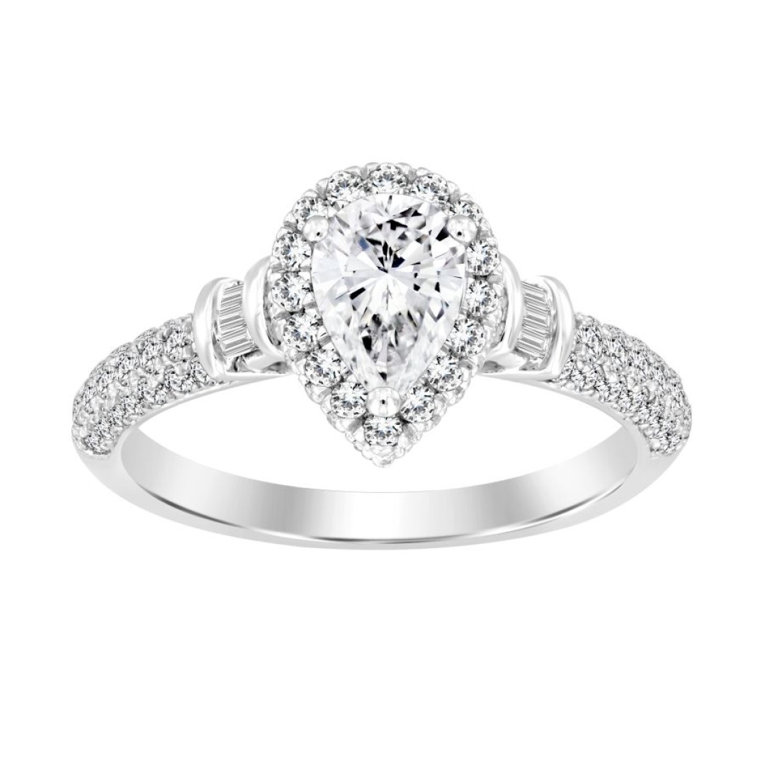 LADIES RING 1.25CT ROUND/BAGUETTE/PEAR DIAMOND 14K WHITE GOLD