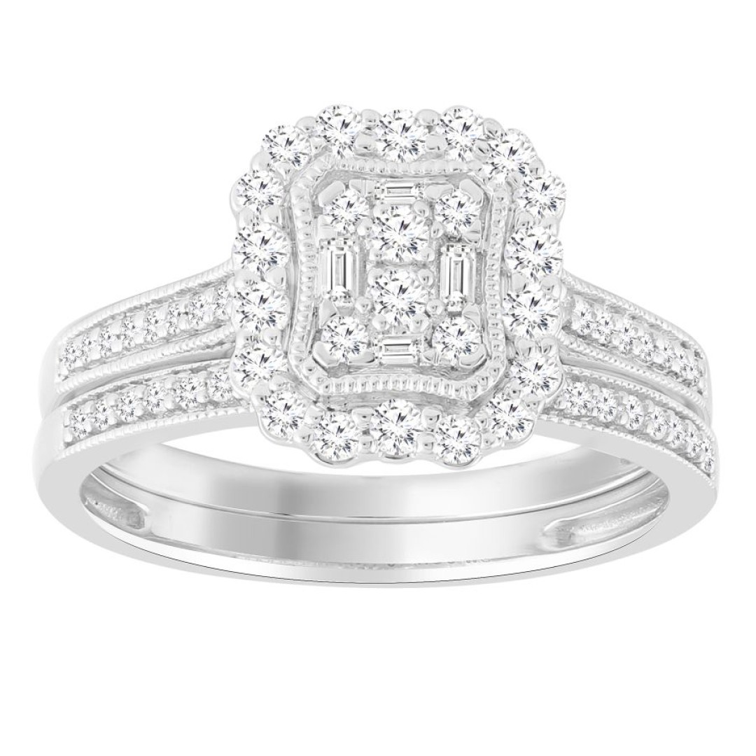 BRIDAL RING SET 0.50CT ROUND/BAGUETTE DIAMOND 14K WHITE GOLD