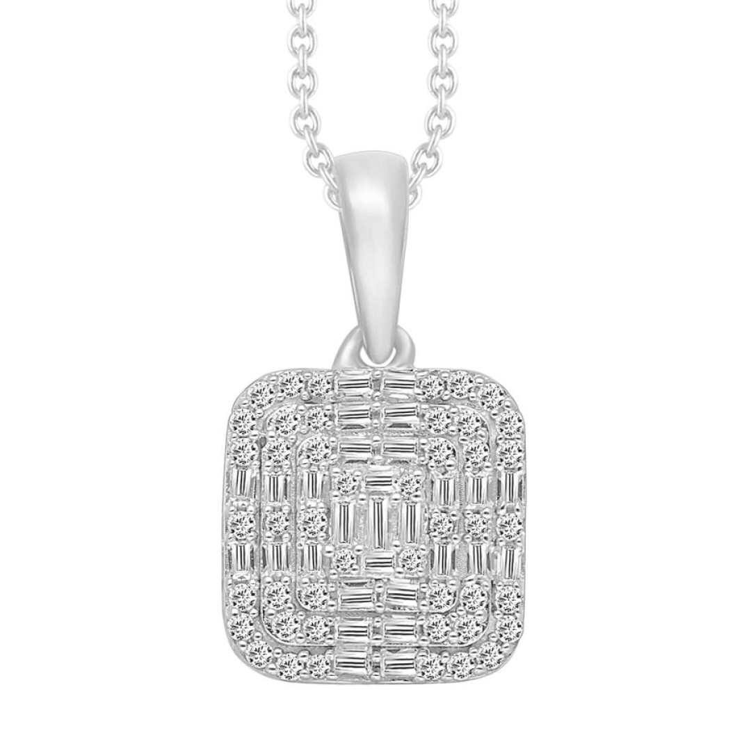 LADIES PENDANT WITH CHAIN 0.25CT ROUND/BAGUETTE DIAMOND 14K WHITE GOLD