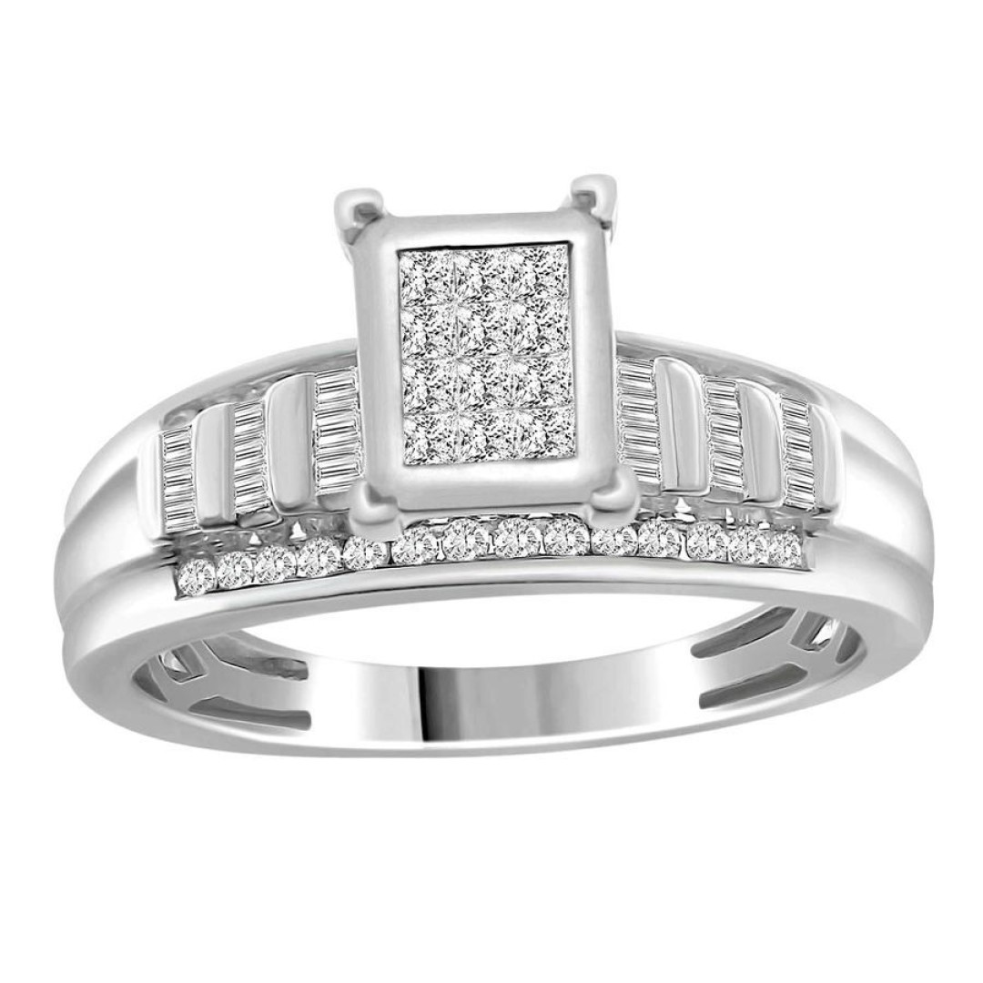 LADIES RING 0.50CT ROUND/BAGUETTE DIAMOND STERLING SILVER WHITE