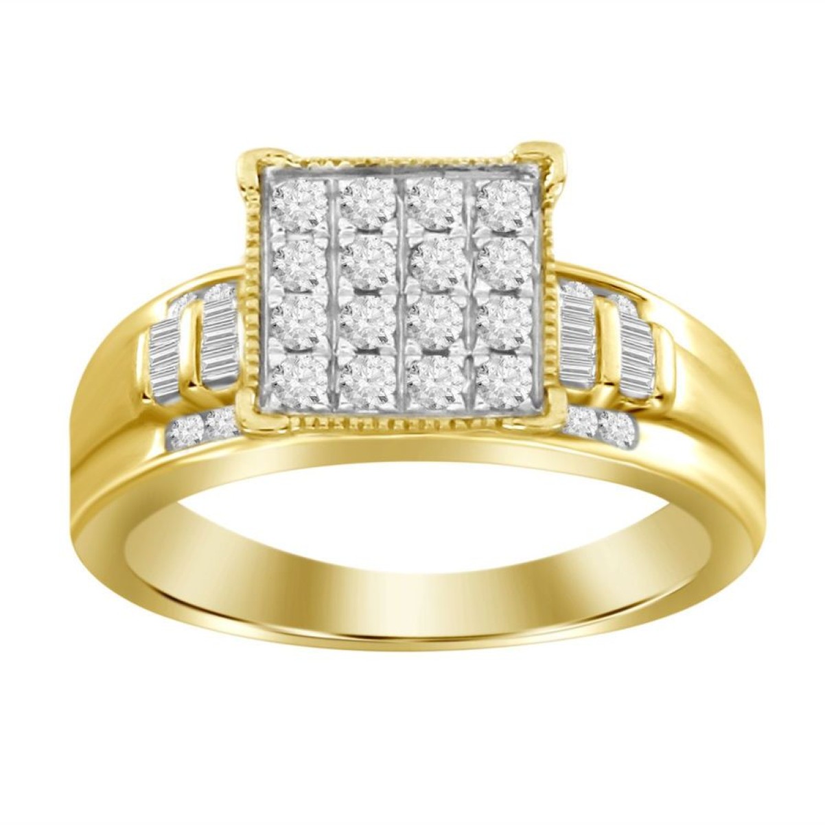 LADIES RING 0.50CT ROUND/BAGUETTE DIAMOND 10K YELLOW GOLD
